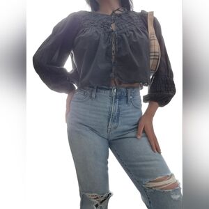 Aerie Charcoal Blouse with Lace-Up Detail